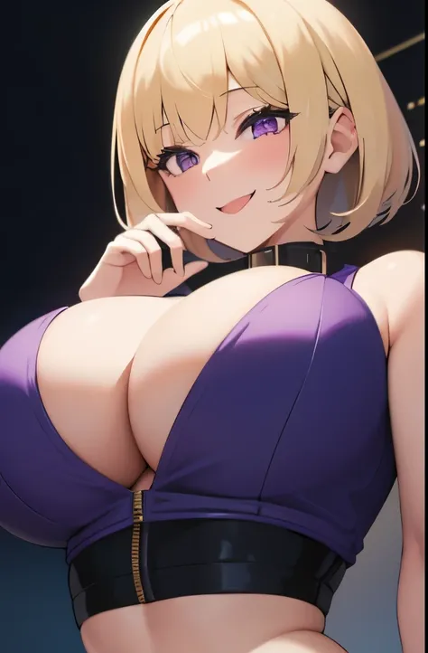 1 girl,blonde hair,bob,bangs,purple eyes,big breasts,big breasts,smile,Happy,heavy breathing,Put your hands on your face,crop top,exposing the chest