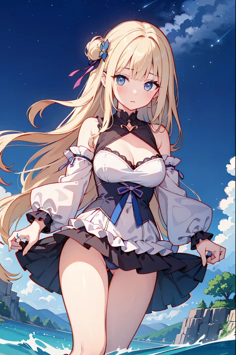 （masterpiece）、(highest quality)、((Super detailed))、(super delicate)、Princess in a naughty dress、platinum blonde、beautiful breasts、Thighs、Gorgeous、lake with mountain view、Fantastic starry sky、Rainbow Ring