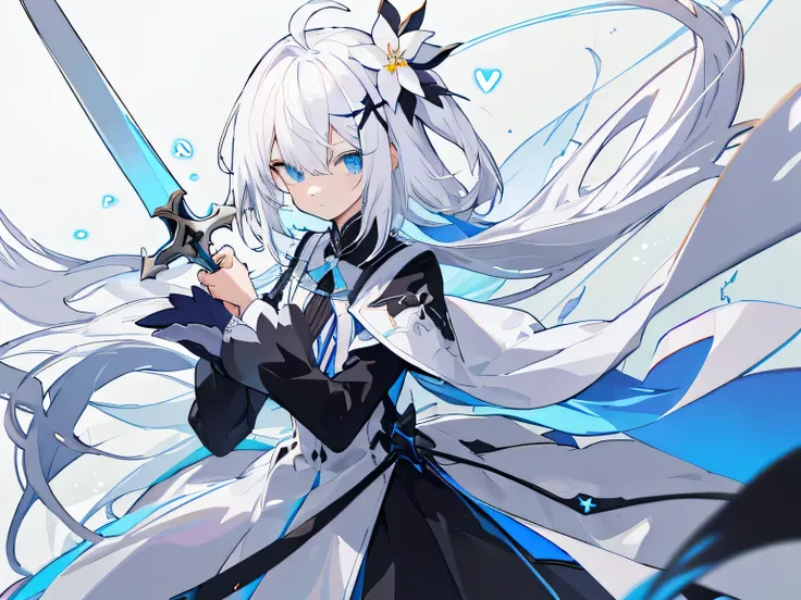 white hair, very long hair, The left hand holds a white dagger, He holds a long black sword in his right hand, Hair is taller than a person, hair one side up, comb hair back, Heart Og, hair flower, star hair accessories, x hair ornamen, x-shaped pupils, co...