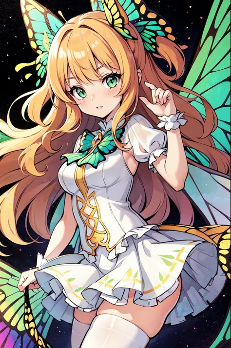 1girl, (butterfly ears:1.1), (apricot hair), (extremely curly hair), (very long hair), (hime bangs), (sage green eyes), (dynamic...