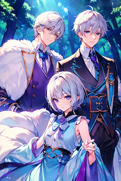 male　gray hair　blue eyes　short hair　in the forest　stuffing collar　purple clothes　magic activation　pose with movement　fluffy hair...