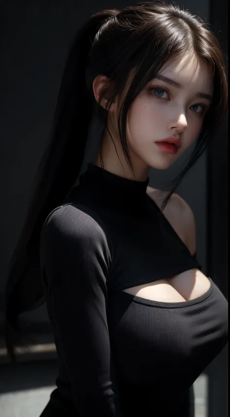 ultra high res, masterpiece, best quality, ,perfect glossy shiny skins, perfect lighting, detailed lighting, dramatic shadows, ray tracing, upper body, black sweater, looking at viewer, off shoulder, Big breasts, Exposed cleavage, blue Eyes, sharp face, sh...