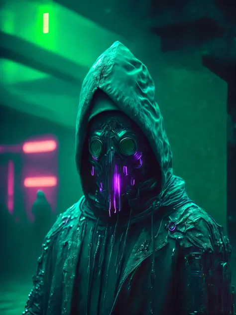 Gloomy portrait of Grim covered in slime from Marvel with intricate angular cybernetic implants inside a brutalist building, abounded hospital, cyberpunk, award-winning photo, bokeh, neon sign lights, cybernetic limb