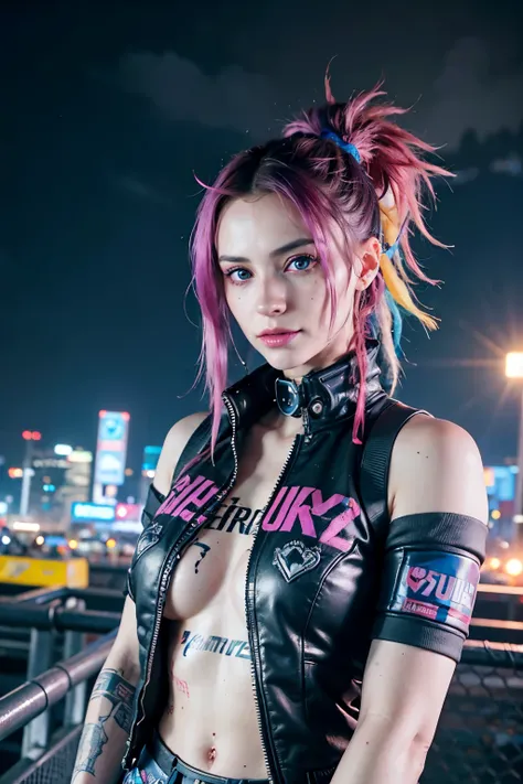 25-year-old cyberpunk girl in a colorful Harajuku pop outfit, Cowboy shot, the wind, Real Pile, big blue eyes, 8K, a perfect face, the perfect body, messy  hair, Highly detailed eyes, Highly detailed face, ((Cyberpunk 2077 cityscape)), (Cyberpunk aesthetic...