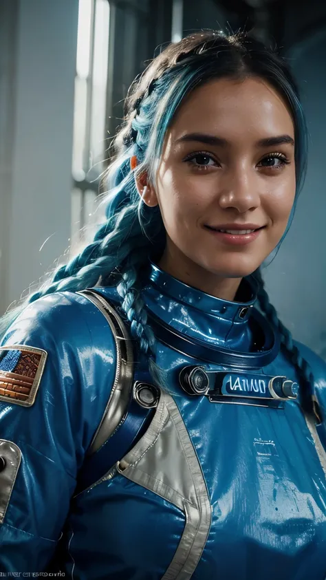 23 year old woman, beautiful woman, cute smile, light blue hair, long braided hair, happy smile, astronaut custom, spacewoman, highest quality, ultra realistic, hd, HDR, hyper detailed, professional photoshoot, cinematic, ultra detailed, beautiful body, vi...