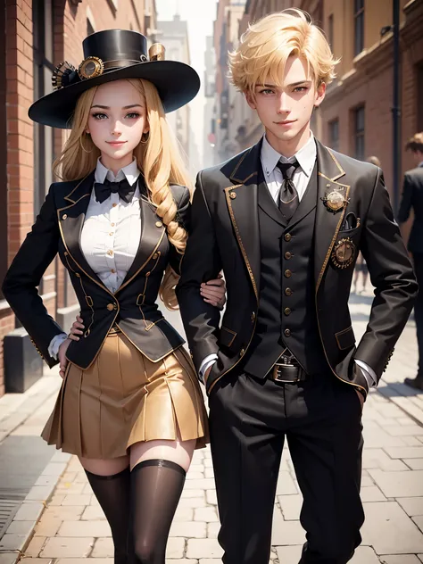 steampunk, 1 boy, 1 girl, students, school uniform, black blazers, couple, smiling, blonde girl, brunette boy