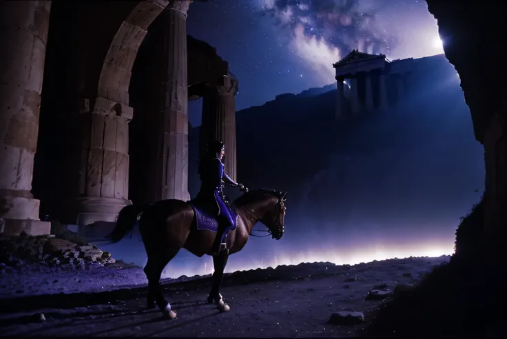 DVD still from 1981 Dark Adventure Fantasy Film "Clash of the Titans", Underground Greek Parthenon on cliff, night, stars, blue and purple