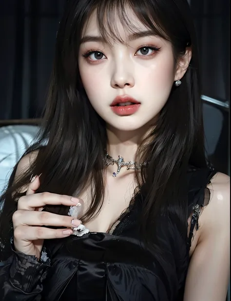 um close up de uma mulher com cabelos longos e um vestido preto, cruel korean goth girl, ulzzang, pale gothic beauty, com cabelo...