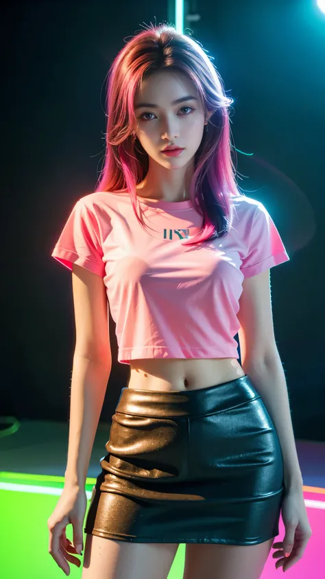 8K, ultra HD, masterpiece, 1 girl, good face, loong hair, detailed eyes, detailed lips, (perfect beautiful Curved figure), (gradient t-shirt:1.5), (detailed t-shirt:1.5), bare stomach, (mini skirt:1.5), computer graphics room, (neon lights:1.5), spreading ...