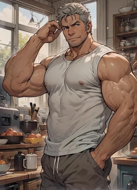 ((pixiv)), (((trending on ArtStation))), (masterpiece), (best quality), soft and hard shadows to define the muscle structure, Detailed texturing, realistic shading, (mature male), hands inside pockets, face wrinkles, with a light_brown skin, rugged, tall a...