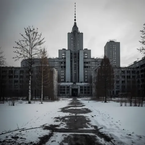 Chernobyl, Pripyat, photo quality, real realistic, high detailed, 8k, high detailed, very tall buildings in ruins, brutalism, inscription in Russian, winter landscape of leafless trees, black and white , dystopian atmosphere, landscape.