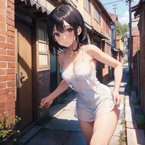 (masterpiece:2.0), (highest quality:2.0), (lean forward in an alley:1.5), (Extremely short see-through camisole dress:1.5), (View from behind:1.5), (super sexy pose:1.5), (look up from below:1.5), (fully exposed nape:1.5), (blushing face:1.5), (Spilling br...