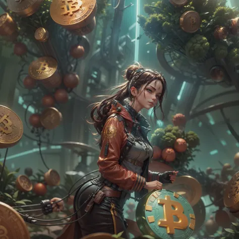 Bitcoin Ciberpunk, Cinematic Frame, Futuro distopiano, ultra realista, 8k, vibrante, detalhado, zbrush, comics illustration, trends at artstation, por Peter Mohrbacher, por wlop, por Ruanjia, por Alphonse Much, por dmitry prozorov, Por Norman Rockwell,