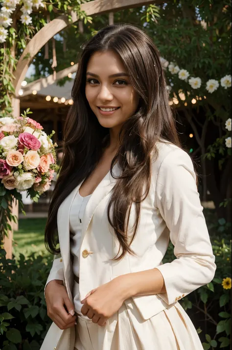 a beautiful brown American woman, wearing professional suite blazer, smiling, friendly expression, working passionately in a outdoor wedding , luxury vibrant flowers decoration wedding stage in the background, long straight black hairs, flirty look, straig...