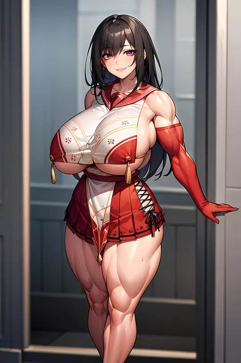 masterpiece, high quality, extremely detailed, 1girl, mature female, solo, helm aquamarine, huge breasts, parted lips, outfit-tsubaki, breast curtain, red skirt, red sailor collar, elbow gloves, light smile, arms behind head, garden, ((NSFW)), (((accurate ...