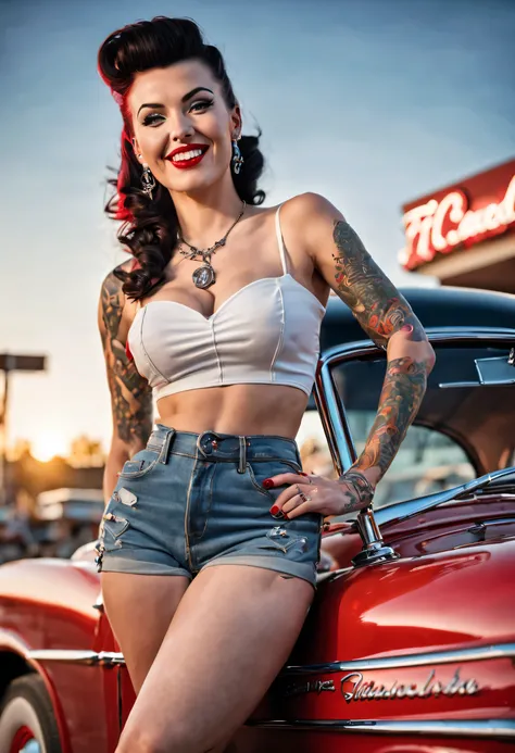 a hyper-realistic photograph of a beautiful female rockabilly pin-up model leaning against a t-bucket hot rod car in the parking lot of a 50s-style diner, she is smiling and has tattoos,  an dynamic camera angle and perspective, volumetric lighting, depth ...