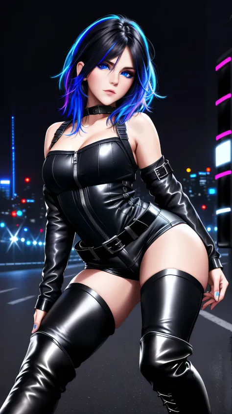 beautiful girl, full body, bright blue neon streaked dishevelled hair, ((large light realistic detailed eyes:1.3)), ((seductive pose:1.5)), black eyeshadow, (street style wear:1.2), ((tight fitted short pants)), ((thigh high leather boots:1.3)), ((dark cit...