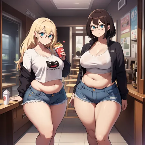 ((highres)), Masterpiece, high quality, best quality, beautiful, perfect lighting, detailed face, ultra cute face, ((2girls)), one girl has blonde hair, blue eyes, crop top and shorts skindentation, one girl has brown hair, green eyes, jeans, white shirt, ...