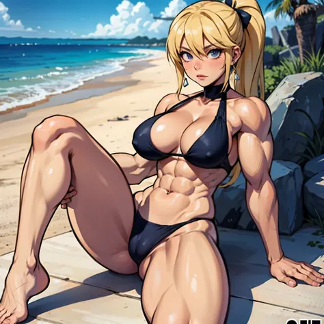 a woman in a bikini sitting sur la plage next to the ocean, mignonsexyrobutts, musclé girl, pose forte, pose la plus forte, Version SFW, , Anne Takamaki, sur une plage ensoleillée, musclé!!, Cammie, commission pour la haute résolution, par Kentaro Miura, p...