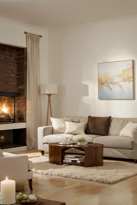 warm and inviting living room with a clean aesthetic. Emanate a cozy atmosphere through well-lit spaces and tasteful interior design. Pay attention to realistic details in furniture arrangements, subtle decor, and a blank wall poised for a painting. This m...