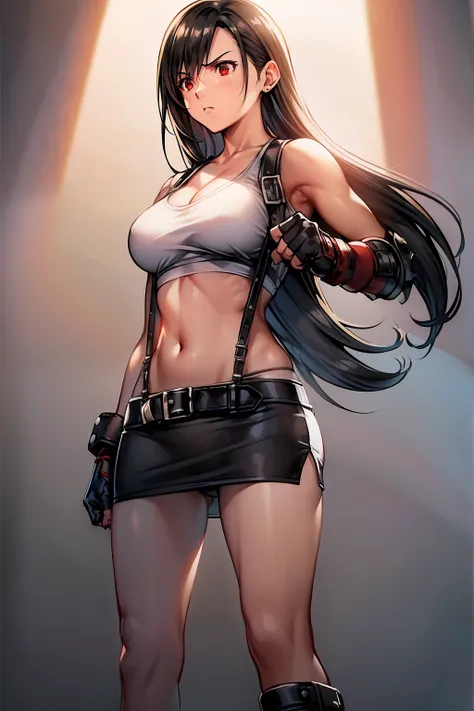 Tifa Lockhart, 1girl, (full body), (low angle), (super detail, best quality), (standing, fighting pose), (looking away:1.4), (serious), medium breasts, cleavage, (white sports bra), (red fingerless gloves), (black pencil skirt), show off panties, (white pa...