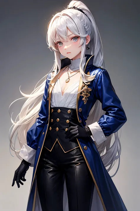 white long hair, ponytail, hair has volume, tiny chest, darkblue overcoat with white details, silver necklace, no right sleeve, black pants, white shirt, black long gloves, medieval outfit