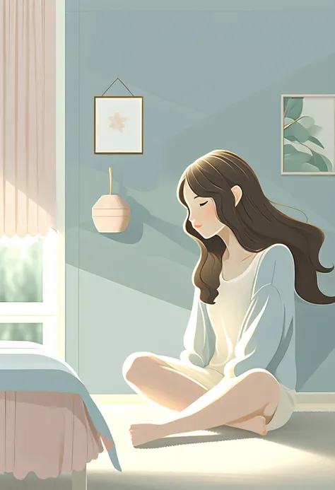 bedroom，(best quality,high resolution,masterpiece:1.2),super detailed,actual,(pastel tones,Subtle color palette:1.1),peaceful atmosphere,Quiet environment,natural mixture,Comfortable and warm environment,bedroom,beautiful girl