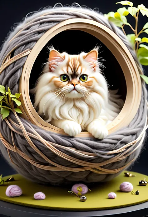 (8k, 16k, Award-winning, Dynamic,best quality, highest resolution, Super details, high detail, anatomically correct, masterpiece, stunning beauty),Nest made of wool felt， Beautiful nest，Adorable Persian cat and its stylish lair，