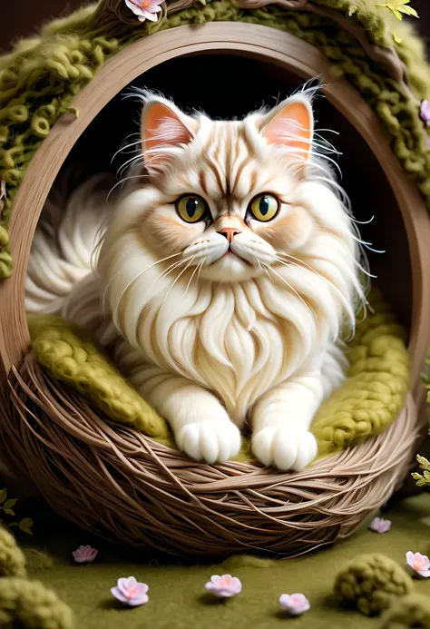 (8k, 16k, Award-winning, Dynamic,best quality, highest resolution, Super details, high detail, anatomically correct, masterpiece, stunning beauty),Nest made of wool felt， Beautiful nest，Adorable Persian cat and its stylish lair，