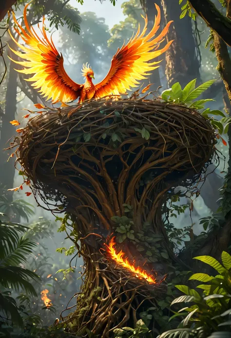 (8k, 16k, Award-winning, Dynamic,best quality, highest resolution, Super details, high detail, anatomically correct, masterpiece, stunning beauty), Nest composed of fire elements，Huge lair in the jungle，The phoenix has flown