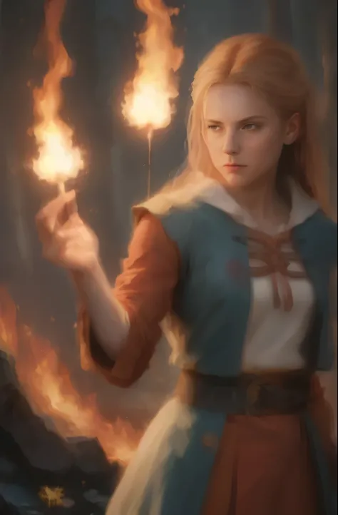 Human, holding a glowing fireball, casting Fire spell, tolkein art, holy Fire spell art, style of Andreas Roch, Fire spell, casting a Fire spell, Tolkien and Michael Komark, epic role portrait, Pyromancer, fire mage, andreas rocha and john howe, portrait m...