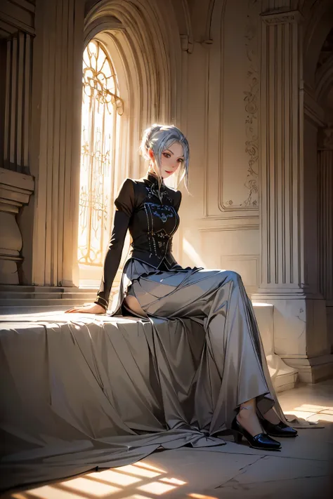 silver-haired woman in skirt, 1 lady, alone, sun skirt, photoactual, realism, actual, humanity