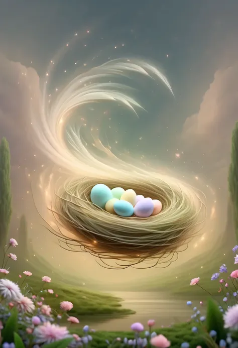 Nest，pastel tones，Light style，Comfortable and calm，nature，warm and cozy，garden，hyper detailed masterpiece, Dynamic, good quality,Floating Extra Large Ethereal Dream DonMW15pXL  