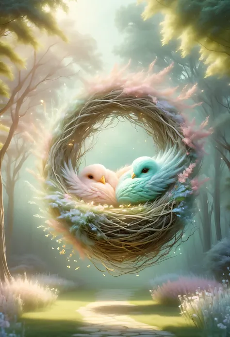 Nest，pastel tones，Light style，Comfortable and calm，nature，warm and cozy，garden，hyper detailed masterpiece, Dynamic, good quality,Floating Extra Large Ethereal Dream DonMW15pXL  