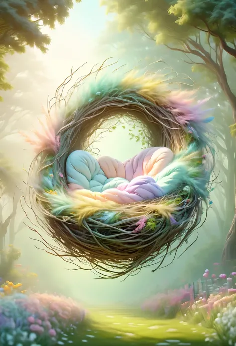 Nest，pastel tones，Light style，Comfortable and calm，nature，warm and cozy，garden，hyper detailed masterpiece, Dynamic, good quality,Floating Extra Large Ethereal Dream DonMW15pXL  