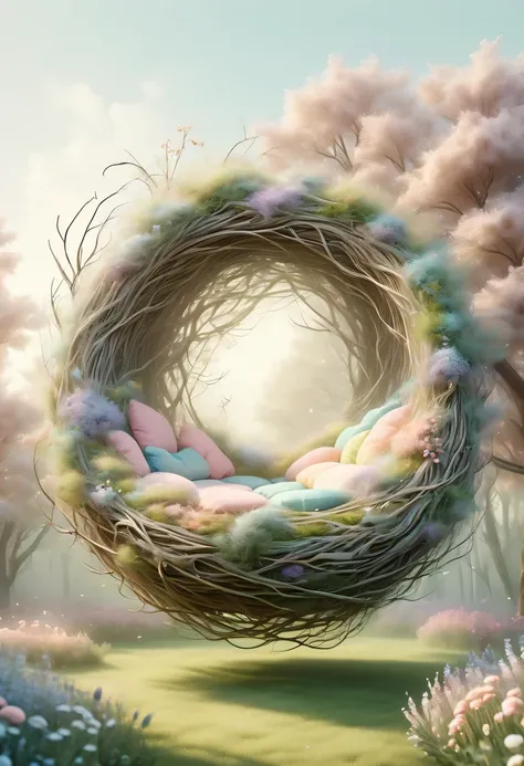 Nest，pastel tones，Light style，Comfortable and calm，nature，warm and cozy，garden，hyper detailed masterpiece, Dynamic, good quality,Floating Extra Large Ethereal Dream DonMW15pXL  