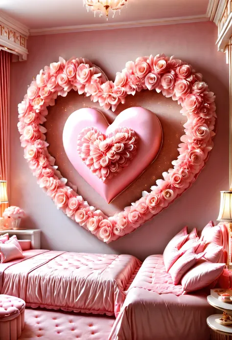 hyper detailed masterpiece, Dynamic, high quality,big pink heart, (bedroom:1.5),warm and cozy，beautiful design，Light luxury decoration style，Gentle and romantic