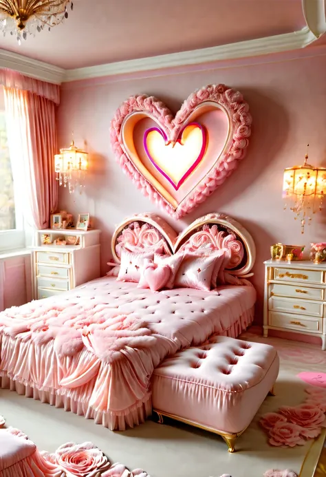 hyper detailed masterpiece, Dynamic, high quality,big pink heart, (bedroom:1.5),warm and cozy，beautiful design，Light luxury decoration style，Gentle and romantic