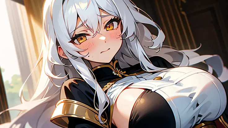 elder sister，Royal sister，bust，white hair，Long curly hair，golden eyes，blush，shy expression，big breasts