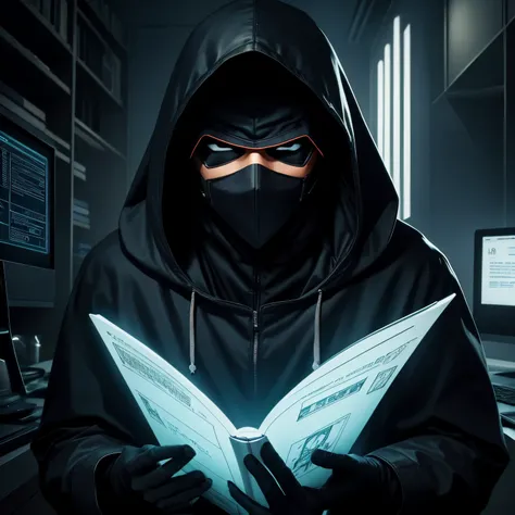 Digital book cover with man in a hood and mask deciphering a code on the computer and behind him a beautiful mysterious girl