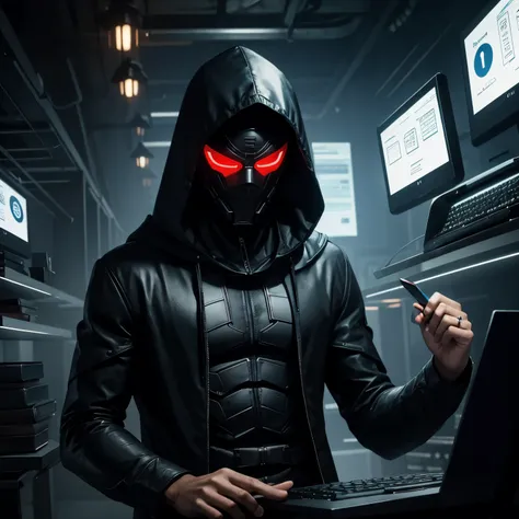 Digital book cover with man in a hood and mask deciphering a code on the computer and behind him a beautiful mysterious girl