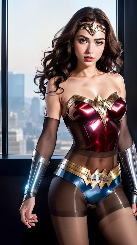 (Wonder Woman) in the style of Iron Man, beautiful face, gorgeous, incredibly attractive, palladium bodice, armored female chest piece, platinum battle skirt, platinum shin guards, ((feet in view)), style of Marvel, thin, slim, athletic, small hips, small ...