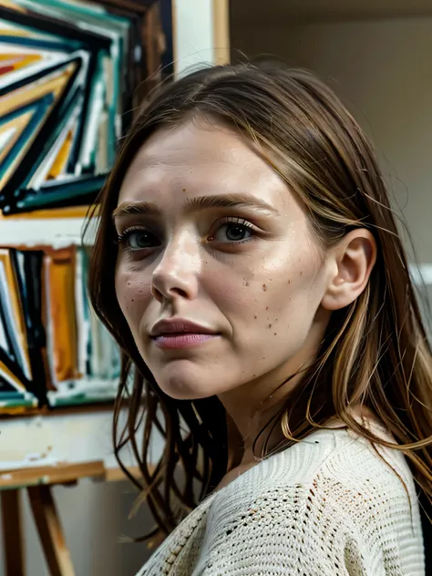 (RAW style, masterpiece, best quality, ultra-detailed), Elizabeth Olsen standing in front of a canvas, wiping off paint from her face, deep in thought, natural light illuminating her features, realistic skin texture, intricate details in her pores and wrin...