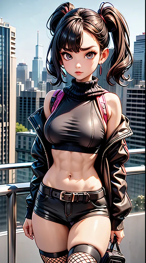 1990s, (masterpiece), high-definition, detailed face, korean girl, abs, (big tits: 1.4) big hips, messy dark purple hair, orange eyes, crop top sweater, jacket, (tight sport shorts: 1.3), belt, (thong: 1.4), thigh high stockings, boots, fishnet, balcony, l...