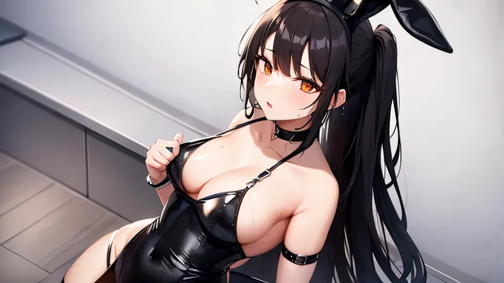 bunny outfit, choker, black hair, female, lewd, wet