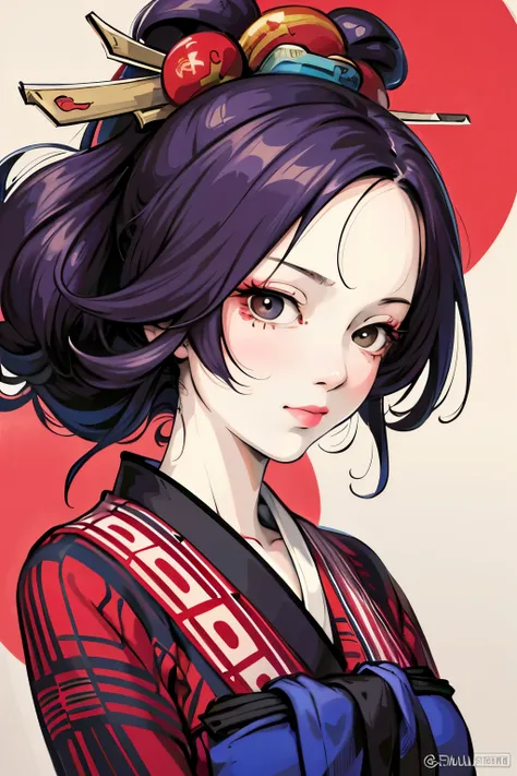 Masterpiece, best quality, a captivating close-up portrait of a woman elegantly dressed in a yukata, with cascading hair blown by the wind. In the distinctive style of renowned artists such as Russ Mills, Sakimichan, Wlop, Loish, Artgerm, Darek Zabrocki, a...