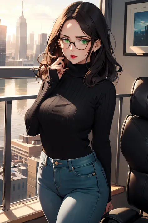 ((best quality)), ((masterpiece)), (detailed), Ridiculous resolution, high resolution, (masterpiece:1.4), Hyper-detailing, a woman. she is 20 years old. She has dark brown hair. Wavy hair. Mid length hair. ((Ultra-detailed green eyes.)) She is wearing wool...