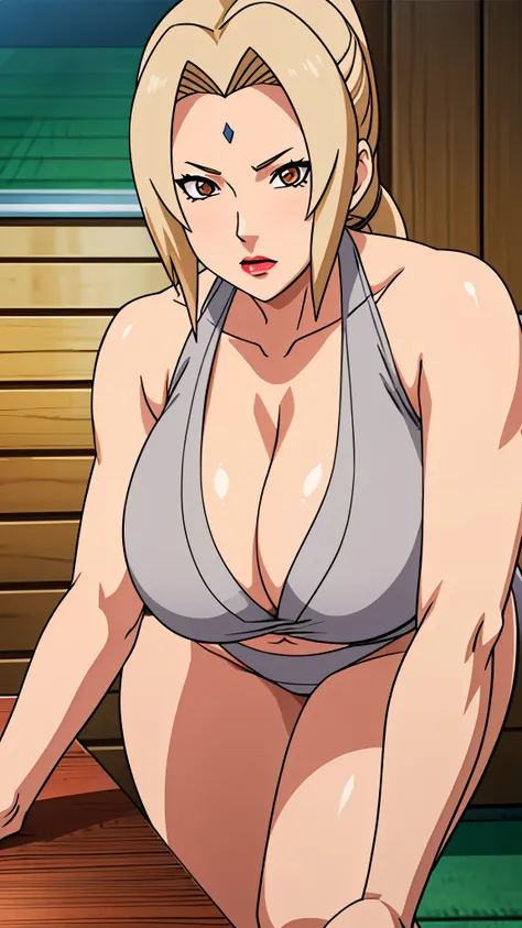 tsunade from naruto, big mature woman, milf, fair skin, (grey bikini:1.1), red lips, long blonde hair, double ponytail, (very la...