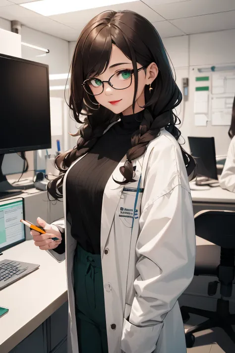 ((best quality)), ((masterpiece)), (detailed), Ridiculous resolution, high resolution, (masterpiece:1.4), Hyper-detailing, a woman. she is 20 years old. She has dark brown hair. curly Wavy hair. Mid length hair. braids. ((Ultra-detailed dark green eyes.)) ...