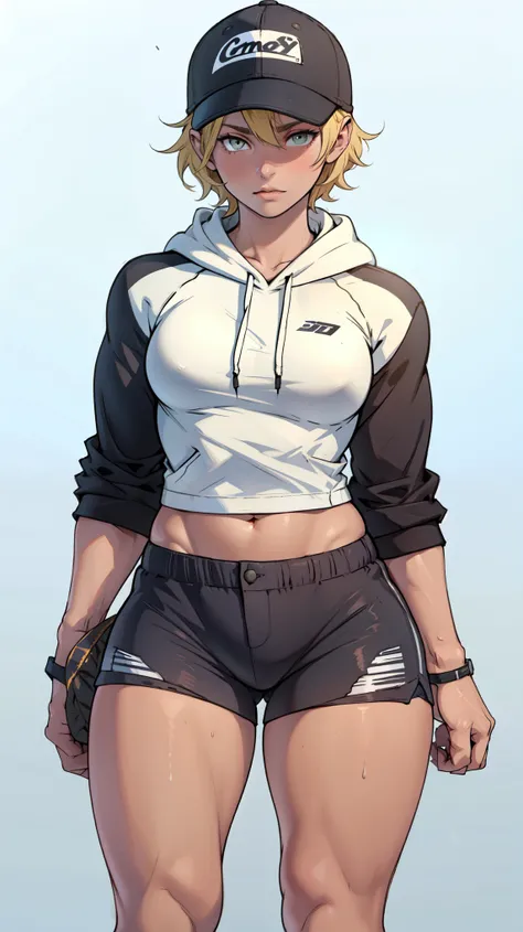 extremely short hair perfect anatomy 1 girl tall solo curvy ((small)) hoodie toned body ((shorts)) ((baseball cap backwards))